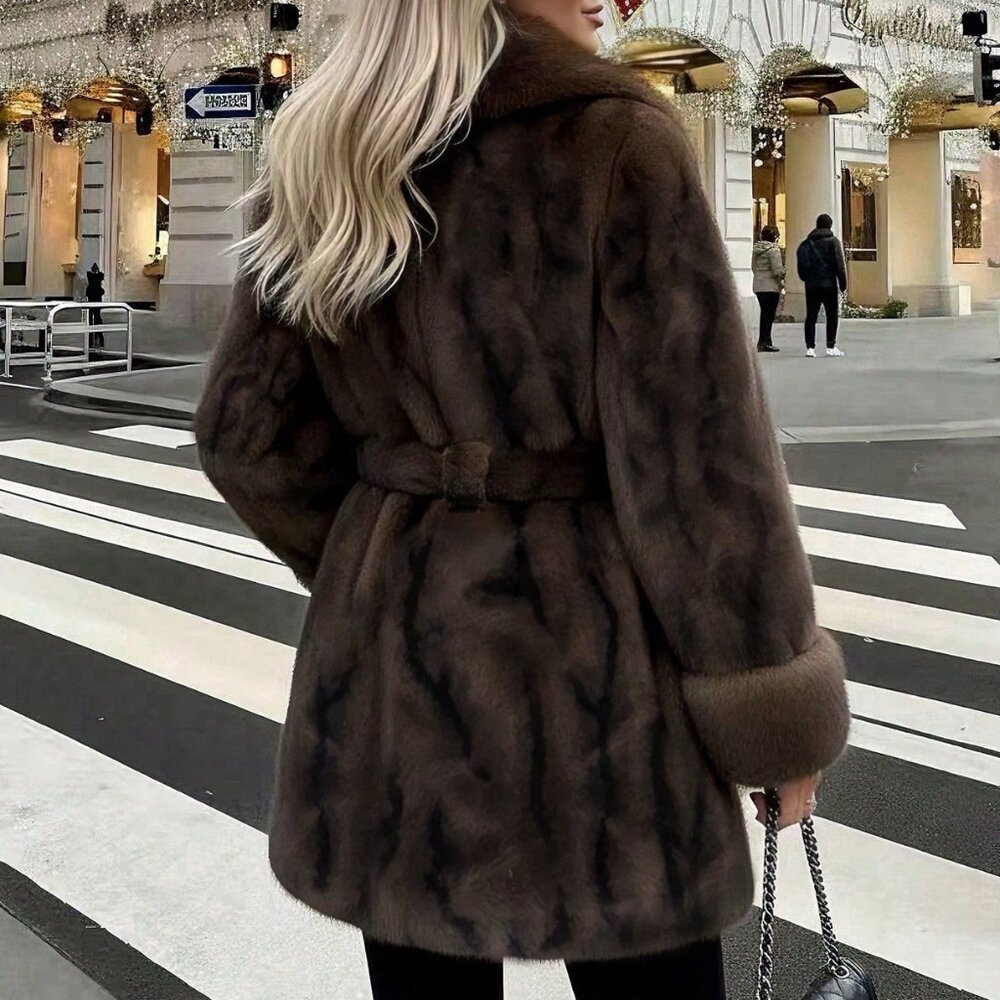 Coffee Brown Women's Christmas Faux Fur Long Sleeve Coat - Picture 2 of 7